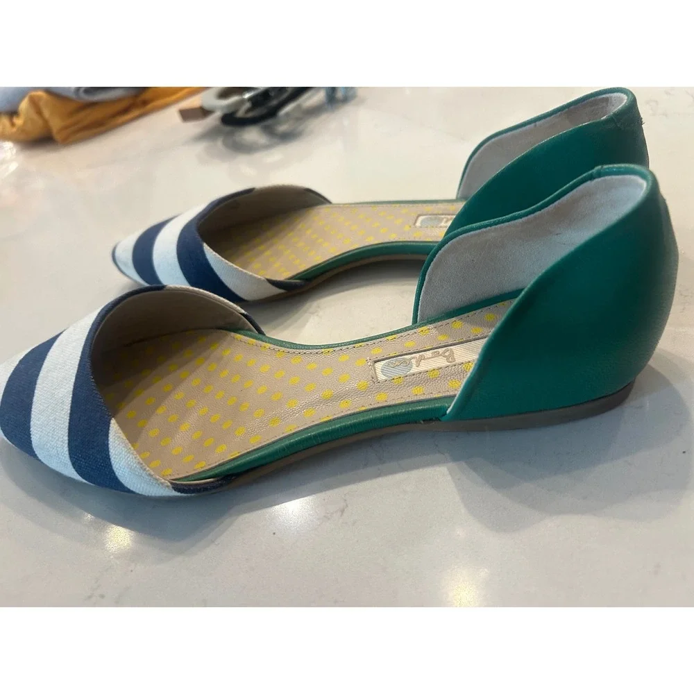 Boden d'Orsay Flats Navy White Striped Green Leather Pointed Toe Polka Dot 37.5